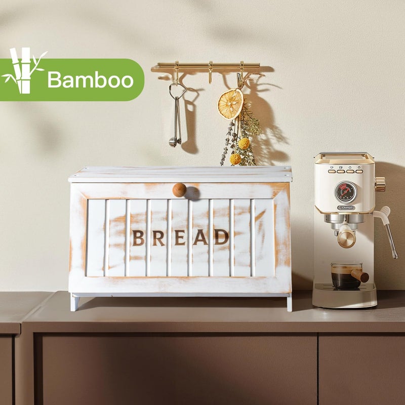 DAOYOUSKY Bamboo Bread Box for Kitchen Countertop, White Vintage Wooden Counter Breadbox, Single Layer Rustic Wood Large Capacity Bread Storage Container Bin - Image 2
